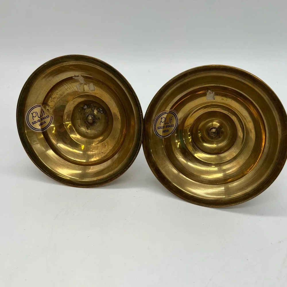 Heavy Solid Brass MCM Candlesticks Pair, PWF India, Original Stickers Tiered VTG